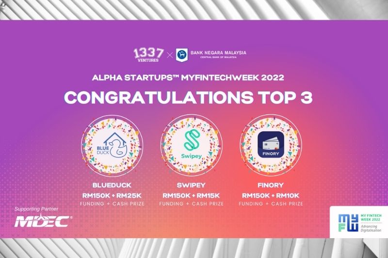 BlueDuck, Swipey &amp; Finory top the BNM x 1337 Ventures Alpha Startups™️ MyFintech Week 2022