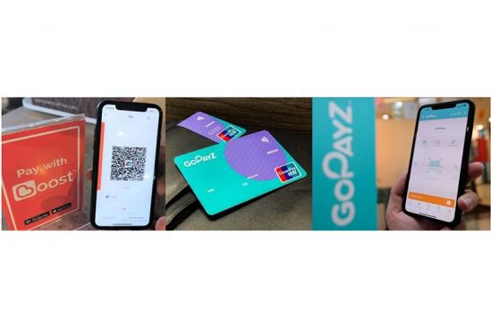(Left to right) Boost e-wallet app with UnionPay QR payment feature; GoPayz UnionPay Card; and GoPayz e-wallet app  
